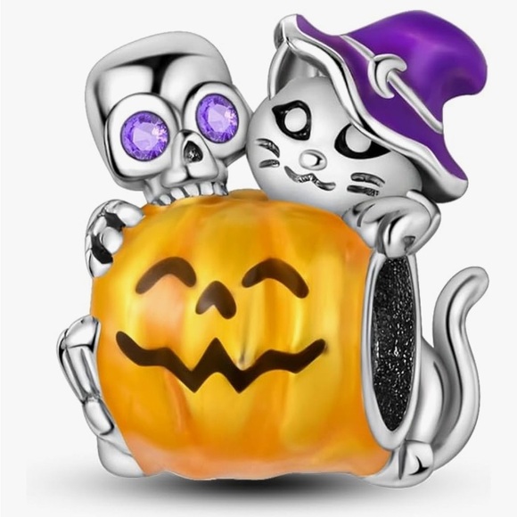 Halloween pumpkin Kitty Skull skeleton Charm for Pandora in sterling silver 925 - Picture 1 of 4